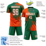 Custom Kelly Green White-Orange Abstract Brush Stroke Sports Sublimation Soccer Uniform Jersey