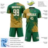 Custom Kelly Green White-Old Gold Abstract Brush Stroke Sports Sublimation Soccer Uniform Jersey
