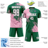 Custom Kelly Green White-Light Pink Abstract Brush Stroke Sports Sublimation Soccer Uniform Jersey