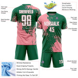 Custom Kelly Green White-Medium Pink Abstract Brush Stroke Sports Sublimation Soccer Uniform Jersey