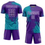 Custom Purple Teal-White Abstract Brush Stroke Sports Sublimation Soccer Uniform Jersey