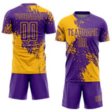 Custom Purple Gold Abstract Brush Stroke Sports Sublimation Soccer Uniform Jersey