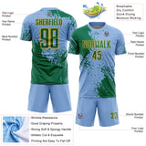 Custom Light Blue Kelly Green-Gold Abstract Brush Stroke Sports Sublimation Soccer Uniform Jersey