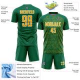 Custom Kelly Green Gold-White Abstract Scribble Curve Line Pattern Sports Sublimation Soccer Uniform Jersey
