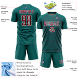 Custom Teal Crimson-White Abstract Scribble Curve Line Pattern Sports Sublimation Soccer Uniform Jersey