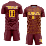 Custom Burgundy Gold-White Abstract Scribble Curve Line Pattern Sports Sublimation Soccer Uniform Jersey