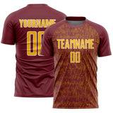 Custom Burgundy Gold-White Abstract Scribble Curve Line Pattern Sports Sublimation Soccer Uniform Jersey