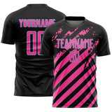 Custom Black Pink-Light Blue Distressed Diagonal Stripe Pattern Sports Sublimation Soccer Uniform Jersey