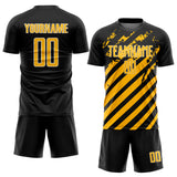 Custom Black Gold-White Distressed Diagonal Stripe Pattern Sports Sublimation Soccer Uniform Jersey