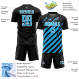 Custom Black Sky Blue-White Distressed Diagonal Stripe Pattern Sports Sublimation Soccer Uniform Jersey