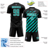 Custom Black Aqua-White Distressed Diagonal Stripe Pattern Sports Sublimation Soccer Uniform Jersey