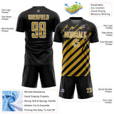 Custom Black Old Gold-White Distressed Diagonal Stripe Pattern Sports Sublimation Soccer Uniform Jersey