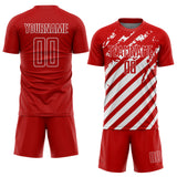 Custom Red White Distressed Diagonal Stripe Pattern Sports Sublimation Soccer Uniform Jersey