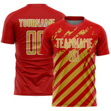 Custom Red Old Gold-White Distressed Diagonal Stripe Pattern Sports Sublimation Soccer Uniform Jersey