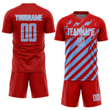 Custom Red Light Blue-White Distressed Diagonal Stripe Pattern Sports Sublimation Soccer Uniform Jersey