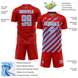 Custom Red Light Blue-White Distressed Diagonal Stripe Pattern Sports Sublimation Soccer Uniform Jersey