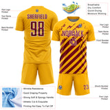 Custom Gold Crimson-White Distressed Diagonal Stripe Pattern Sports Sublimation Soccer Uniform Jersey