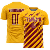 Custom Gold Crimson-White Distressed Diagonal Stripe Pattern Sports Sublimation Soccer Uniform Jersey