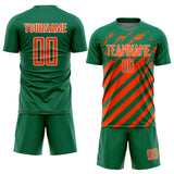 Custom Kelly Green Orange-White Distressed Diagonal Stripe Pattern Sports Sublimation Soccer Uniform Jersey