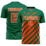 Custom Kelly Green Orange-White Distressed Diagonal Stripe Pattern Sports Sublimation Soccer Uniform Jersey