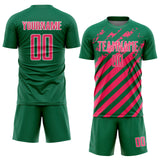 Custom Kelly Green Neon Pink-White Distressed Diagonal Stripe Pattern Sports Sublimation Soccer Uniform Jersey