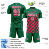 Custom Kelly Green Neon Pink-White Distressed Diagonal Stripe Pattern Sports Sublimation Soccer Uniform Jersey