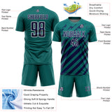 Custom Teal Navy-White Distressed Diagonal Stripe Pattern Sports Sublimation Soccer Uniform Jersey