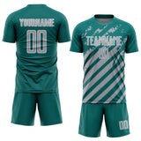 Custom Teal Gray-White Distressed Diagonal Stripe Pattern Sports Sublimation Soccer Uniform Jersey