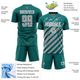 Custom Teal Gray-White Distressed Diagonal Stripe Pattern Sports Sublimation Soccer Uniform Jersey