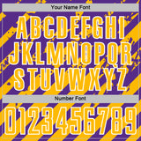 Custom Purple Gold-White Distressed Diagonal Stripe Pattern Sports Sublimation Soccer Uniform Jersey