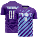 Custom Purple White-Light Blue Distressed Diagonal Stripe Pattern Sports Sublimation Soccer Uniform Jersey