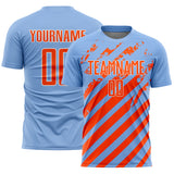 Custom Light Blue Orange-White Distressed Diagonal Stripe Pattern Sports Sublimation Soccer Uniform Jersey