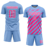 Custom Light Blue Pink-White Distressed Diagonal Stripe Pattern Sports Sublimation Soccer Uniform Jersey