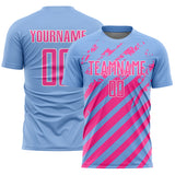 Custom Light Blue Pink-White Distressed Diagonal Stripe Pattern Sports Sublimation Soccer Uniform Jersey
