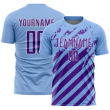 Custom Light Blue Purple-White Distressed Diagonal Stripe Pattern Sports Sublimation Soccer Uniform Jersey