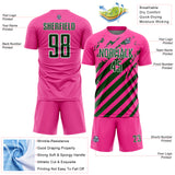 Custom Pink Green-White Distressed Diagonal Stripe Pattern Sports Sublimation Soccer Uniform Jersey