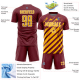 Custom Burgundy Gold-White Distressed Diagonal Stripe Pattern Sports Sublimation Soccer Uniform Jersey