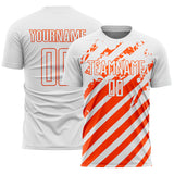 Custom White Orange Distressed Diagonal Stripe Pattern Sports Sublimation Soccer Uniform Jersey