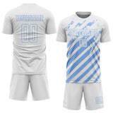 Custom White Light Blue Distressed Diagonal Stripe Pattern Sports Sublimation Soccer Uniform Jersey