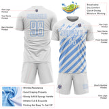 Custom White Light Blue Distressed Diagonal Stripe Pattern Sports Sublimation Soccer Uniform Jersey