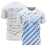 Custom White Light Blue Distressed Diagonal Stripe Pattern Sports Sublimation Soccer Uniform Jersey