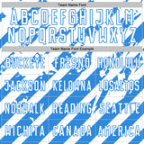 Custom White Powder Blue Distressed Diagonal Stripe Pattern Sports Sublimation Soccer Uniform Jersey