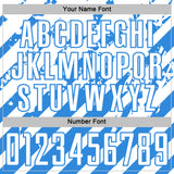 Custom White Powder Blue Distressed Diagonal Stripe Pattern Sports Sublimation Soccer Uniform Jersey
