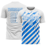 Custom White Powder Blue Distressed Diagonal Stripe Pattern Sports Sublimation Soccer Uniform Jersey