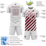 Custom White Burgundy Distressed Diagonal Stripe Pattern Sports Sublimation Soccer Uniform Jersey