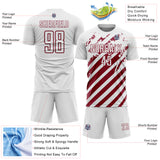 Custom White Crimson Distressed Diagonal Stripe Pattern Sports Sublimation Soccer Uniform Jersey