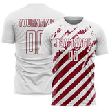 Custom White Crimson Distressed Diagonal Stripe Pattern Sports Sublimation Soccer Uniform Jersey