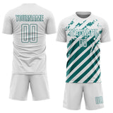 Custom White Teal Distressed Diagonal Stripe Pattern Sports Sublimation Soccer Uniform Jersey