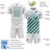 Custom White Teal Distressed Diagonal Stripe Pattern Sports Sublimation Soccer Uniform Jersey