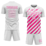 Custom White Pink Distressed Diagonal Stripe Pattern Sports Sublimation Soccer Uniform Jersey
